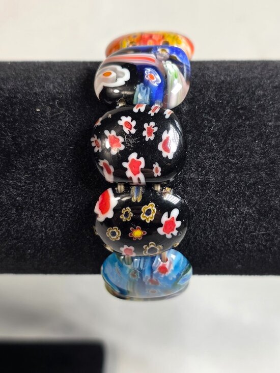 Unbranded Jewelry - Vibrant Artisan Stretch Bracelet Multi-Color Millefiori & Mosaic Art-Glass Beads